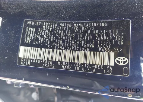 2022 Toyota Corolla Le from USA, damaged, VIN 5YFEPMAE3NP371086